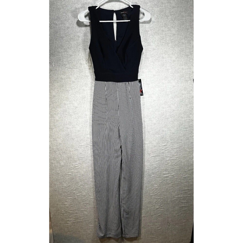 NWT Teeze Me Navy Blue Striped Pants Size 1/2 Jumpsuit Deep V-neck Key Hole Back